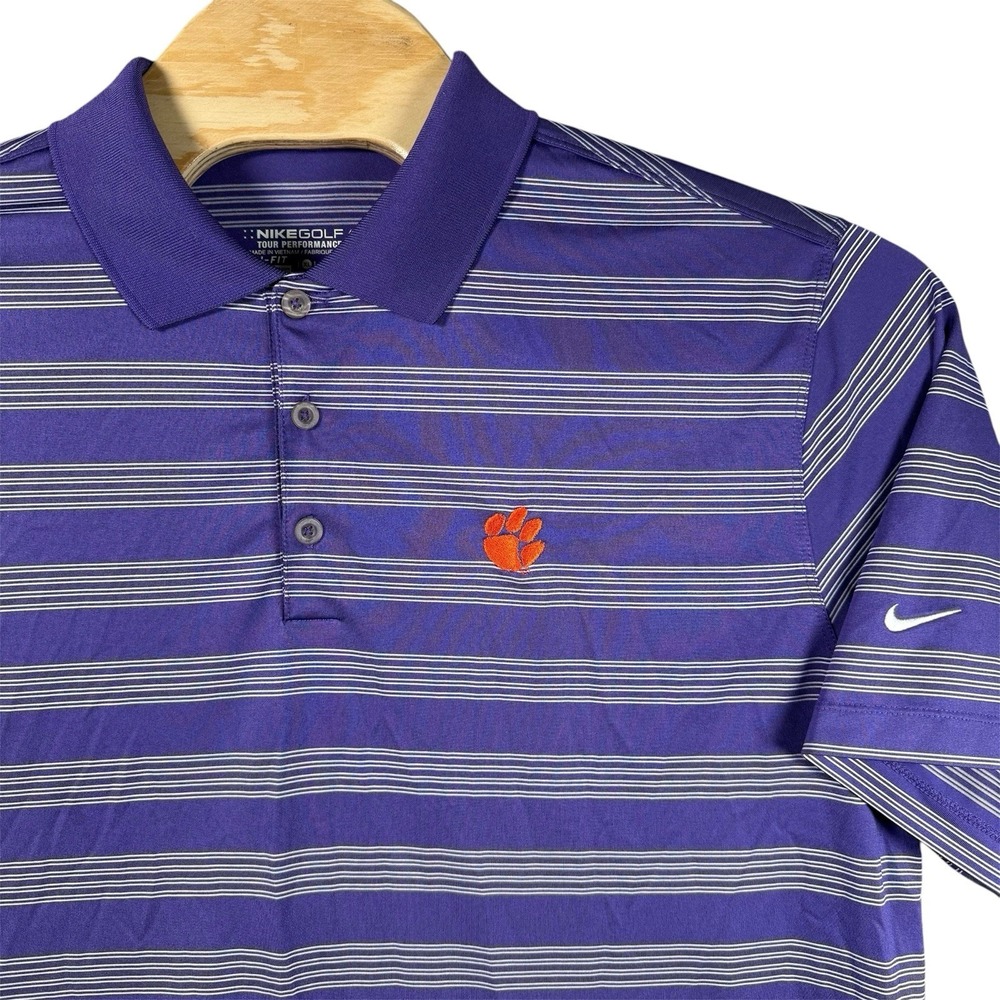 Nike Tour Performance Polo Shirt Clemson Tigers Mens XL Purple Stripe‎ Dri-Fit